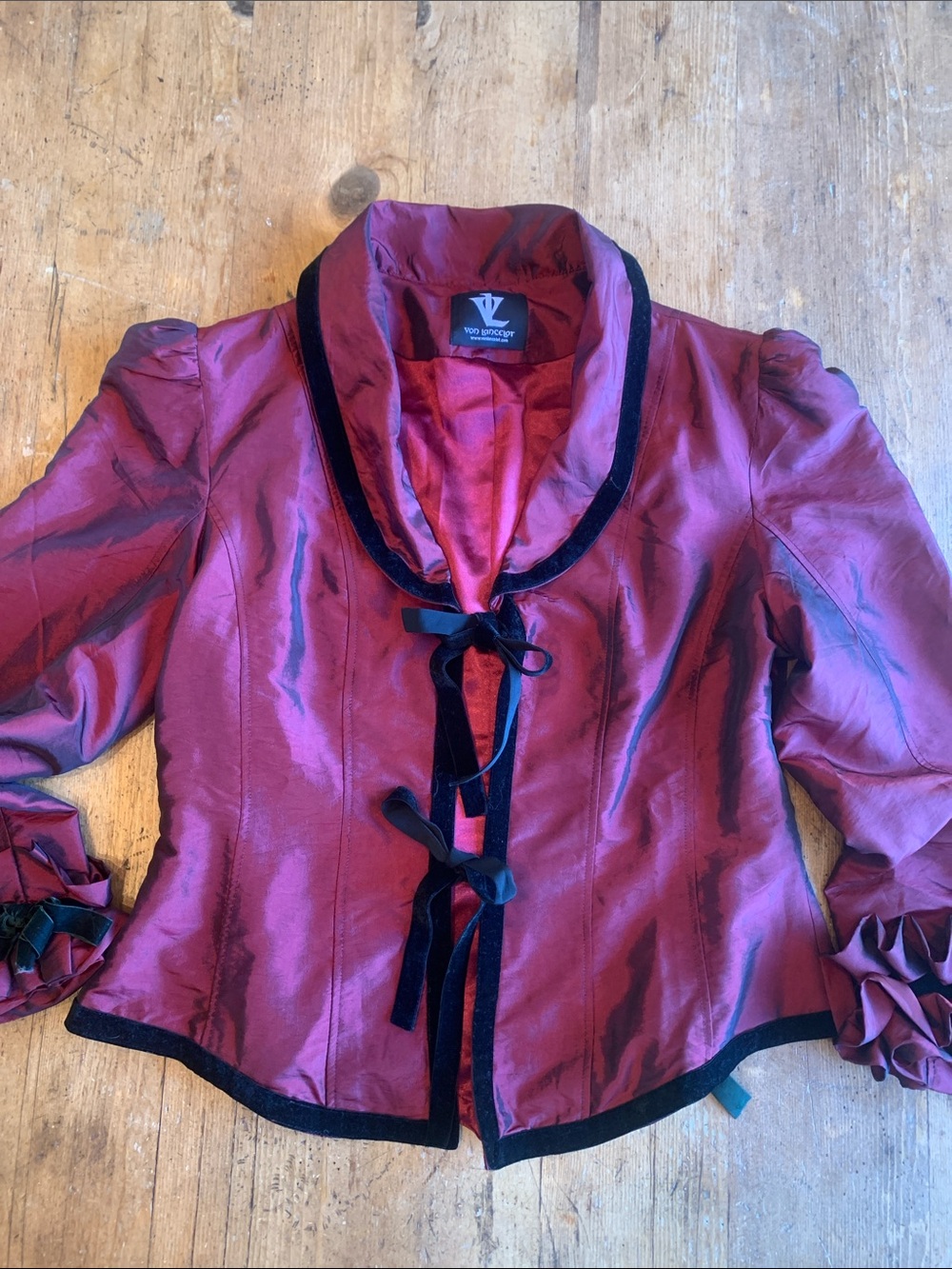 Women's Wine Red Satin Blazer with Black Velvet Trim